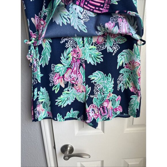 Lilly Pulitzer Size 6 Donna Inky Navy Purple Pink Green Floral Elephant Romper - Picture 3 of 8